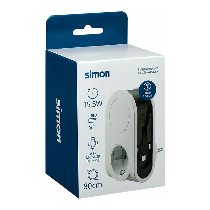 Simon Adaptador de enchufe con 3 puertos USB (C, Micro USB, Lightning) + 1 USB-A + 1 Toma Schuko, 16A 250V, cable enrollable 80 cm, Blanco