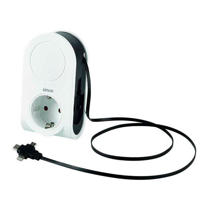 Simon Adaptador de enchufe con 3 puertos USB (C, Micro USB, Lightning) + 1 USB-A + 1 Toma Schuko, 16A 250V, cable enrollable 80 cm, Blanco