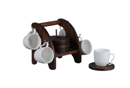 DKD Home Decor Set de 6 Tazas de Porcelana y Bambú, Colección Pengjia 25, Blanco y Marrón Oscuro, Acabado Relieve, 90ml