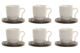 DKD Home Decor Set de 6 Tazas de Porcelana y Bambú, Colección Pengjia 25, Blanco y Marrón Oscuro, Acabado Relieve, 90ml