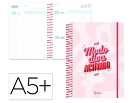 Liderpapel Fantasy E - Agenda Escolar 2026-2027, Día Página, A5+, Bilingüe, Interior Teens, Espiral, Tapa Cartón, Papel FSC 80g, Incluye Gomilla y Pegatinas, Color Diva