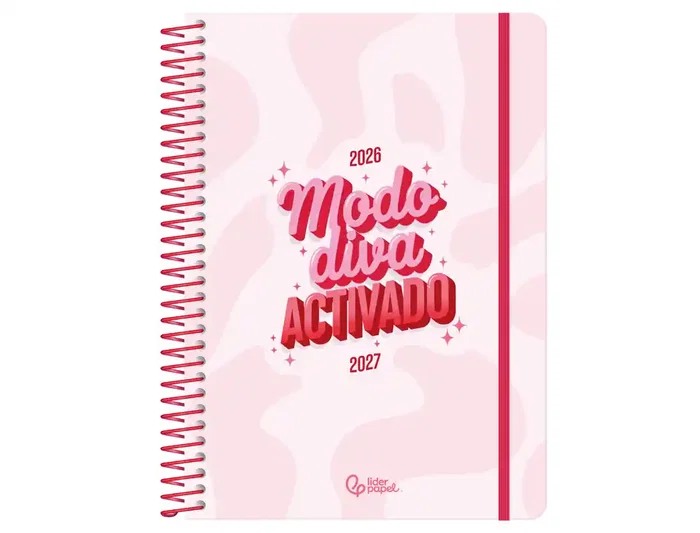 Liderpapel Fantasy E - Agenda Escolar 2026-2027, Día Página, A5+, Bilingüe, Interior Teens, Espiral, Tapa Cartón, Papel FSC 80g, Incluye Gomilla y Pegatinas, Color Diva