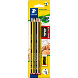 Staedtler Lápiz Noris 120-2 HB con Goma Noris 526 N40 y Afilalápices de Plástico, Set de Escritura y Dibujo Ecológico