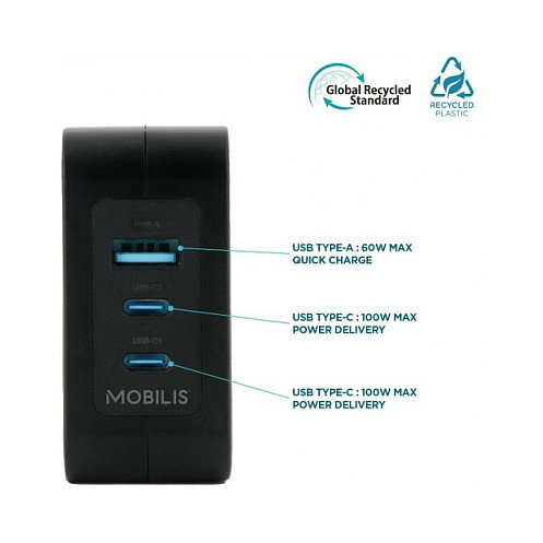 Mobilis Cargador de Pared GaN 100W con 2 USB-C y 1 USB-A, Negro