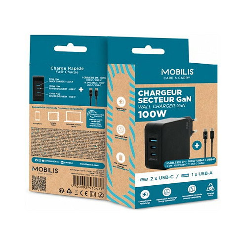 Mobilis Cargador de Pared GaN 100W con 2 USB-C y 1 USB-A, Negro