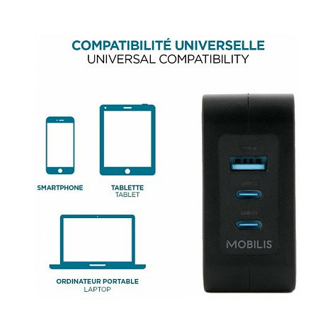 Mobilis Cargador de Pared GaN 100W con 2 USB-C y 1 USB-A, Negro