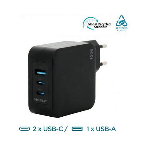 Mobilis Cargador de Pared GaN 100W con 2 USB-C y 1 USB-A, Negro