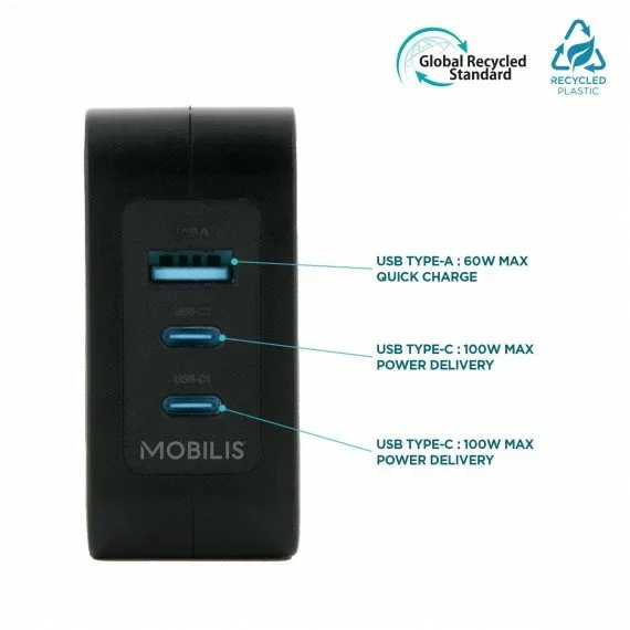 Mobilis Charger 100W 2USB C 1USBA GaN Cargador GaN 100W con 2 USB-C + 1 USB-A para Portátil, Smartphone, Tablet, Negro
