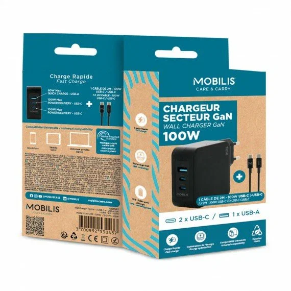 Mobilis Charger 100W 2USB C 1USBA GaN Cargador GaN 100W con 2 USB-C + 1 USB-A para Portátil, Smartphone, Tablet, Negro