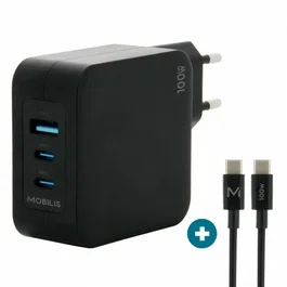 Mobilis Charger 100W 2USB C 1USBA GaN Cargador GaN 100W con 2 USB-C + 1 USB-A para Portátil, Smartphone, Tablet, Negro