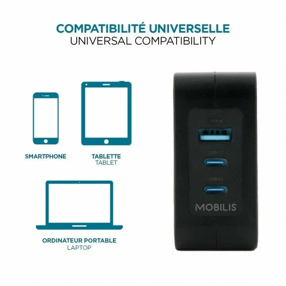 Mobilis Charger 100W 2USB C 1USBA GaN Cargador GaN 100W con 2 USB-C + 1 USB-A para Portátil, Smartphone, Tablet, Negro