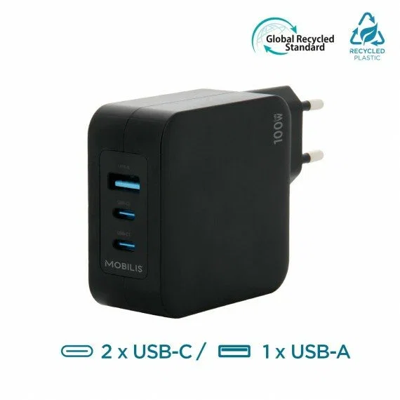 Mobilis Charger 100W 2USB C 1USBA GaN Cargador GaN 100W con 2 USB-C + 1 USB-A para Portátil, Smartphone, Tablet, Negro