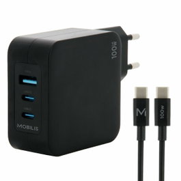 Mobilis Cargador 100W 2 USB-C 1 USB-A GaN Cable 100W Portátil Smartphone Tableta Negro Corriente Alterna Interior