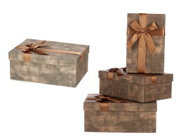 PINCELLO Set 3 Cajas Cartón Rectangular Marrón Rayas con Lazo, Negro - 23x10x16 cm (Mediana: 21x14x8 cm, Pequeña: 19x12x6.5 cm) (Set de 12)