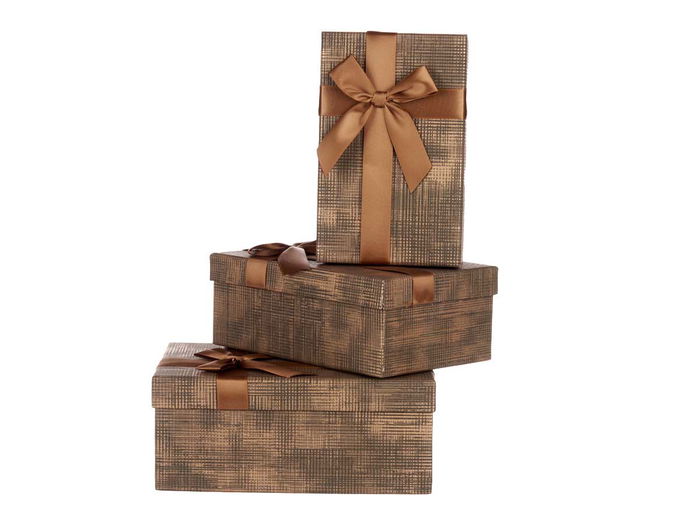 PINCELLO Set 3 Cajas Cartón Rectangular Marrón Rayas con Lazo, Negro - 23x10x16 cm (Mediana: 21x14x8 cm, Pequeña: 19x12x6.5 cm) (Set de 12)