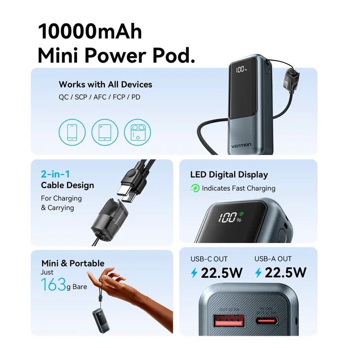 Vention Mini Power Bank 10000mAh 22.5W Gris