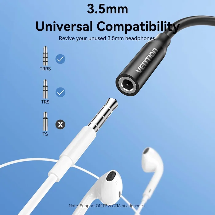 Vention Adaptador de Audio BIIBA USB-C Macho a Jack 3.5 mm Hembra Negro