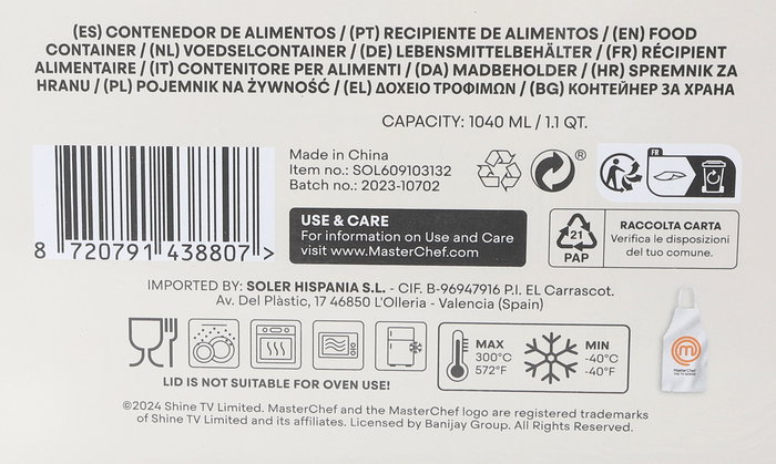 Inde Fiambrera Hermética Rectangular 1040 ml Masterchef para Comida, Táper con Cierre Estanco, 20.7 x 15.4 x 7 cm (6 Unidades)