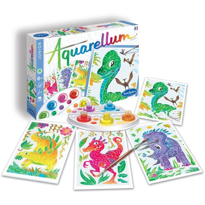 Sentosphere Aquarellum Junior - Juego de Acuarela Dinosaurios para Niños, 5 Colores con Delineado sobre Papel Vitela, a Partir de 7 Años