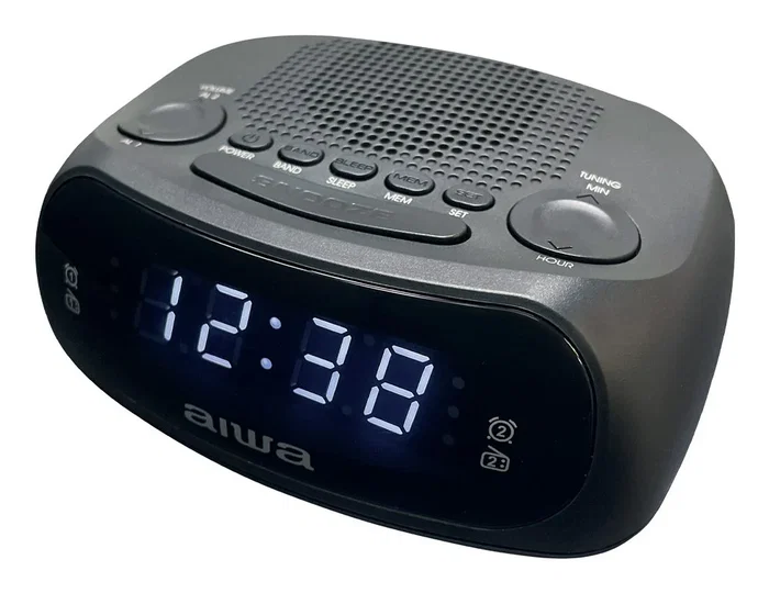 Aiwa CR-09J - Radio Despertador Digital con Pantalla LED, Doble Alarma AM/FM, Función Snooze, Pantalla Retroiluminada, Puerto USB-C y Batería de Respaldo, Negro