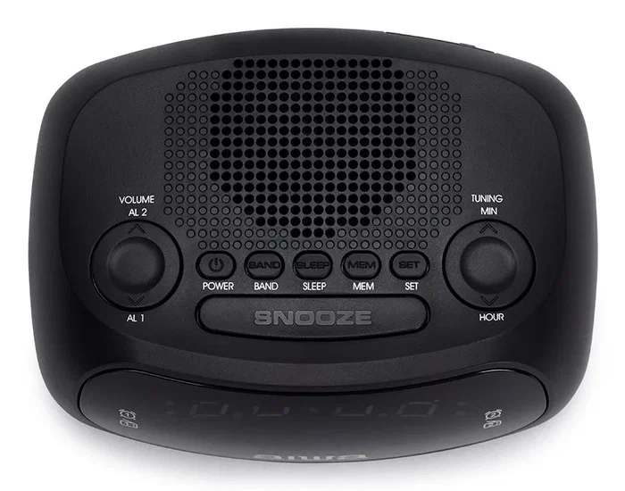 Aiwa CR-09J - Radio Despertador Digital con Pantalla LED, Doble Alarma AM/FM, Función Snooze, Pantalla Retroiluminada, Puerto USB-C y Batería de Respaldo, Negro