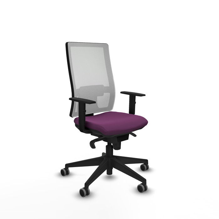 Silla de oficina Horna con mecanismo Sincro tapizada con Similpiel color Morado y malla color Blanco. Equipada con lumbar 1D, Brazos 1D y Ruedas 65 mm parqué Silla de oficina Horna con mecanismo Sincro tapizada con Similpiel color Morado y malla color Blanco. Equipada con lumbar 1D, Brazos 1D y Ruedas 65 mm parqué