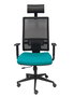 Silla de oficina Horna con mecanismo Sincro/Traslack tapizada con Tela color Turquesa y malla color Negro. Equipada con lumbar 1D, Brazos 1D, Cabecero Fijo y Ruedas de parqué