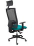 Silla de oficina Horna con mecanismo Sincro/Traslack tapizada con Tela color Turquesa y malla color Negro. Equipada con lumbar 1D, Brazos 1D, Cabecero Fijo y Ruedas de parqué