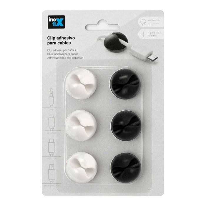 Inofix Clip adhesivo para cables blanco-negro, referencia 7101-1, apto para cables de hasta Ø8mm, 6 unidades