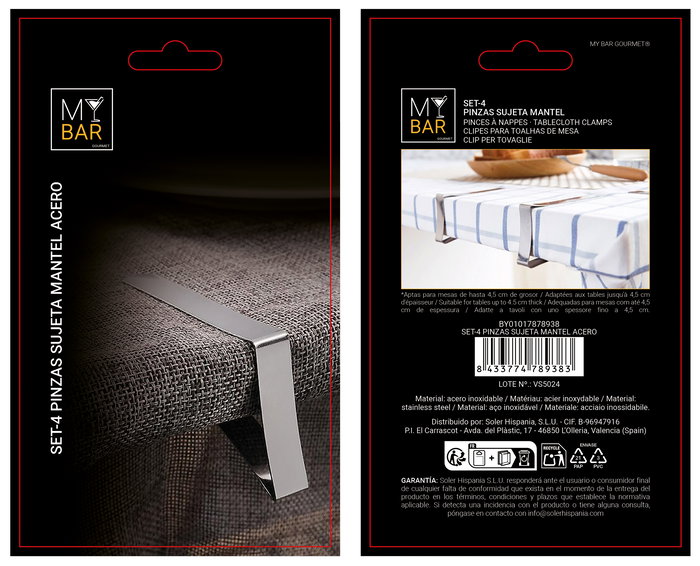 Inde Set 4 Pinzas Sujeta Mantel Acero Inoxidable 7.4x4.5x1.2 cm (24 Unidades)