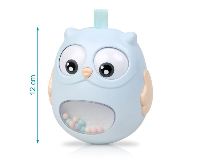 KioKids Juguete Tentetieso Búho Azul con Ojitos Móviles y Campanitas, Plástico y Textil, Ideal para Bebés +3 Meses, Fácil de Coger