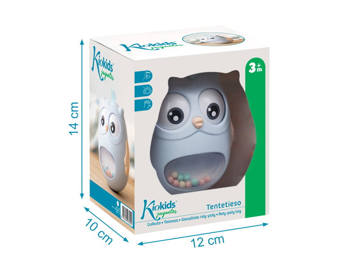 KioKids Juguete Tentetieso Búho Azul con Ojitos Móviles y Campanitas, Plástico y Textil, Ideal para Bebés +3 Meses, Fácil de Coger