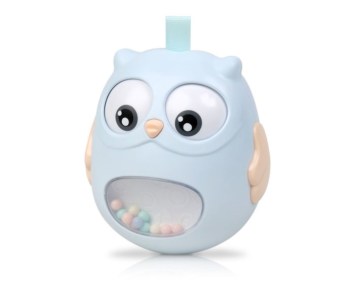 KioKids Juguete Tentetieso Búho Azul con Ojitos Móviles y Campanitas, Plástico y Textil, Ideal para Bebés +3 Meses, Fácil de Coger