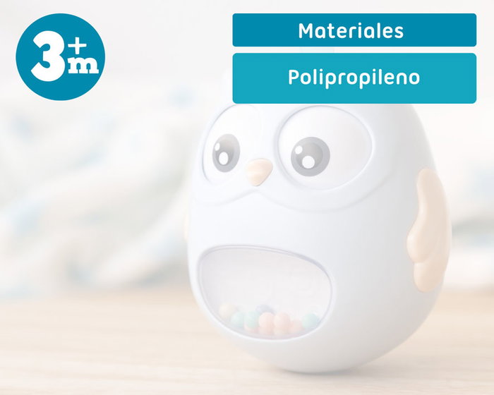 KioKids Juguete Tentetieso Búho Azul con Ojitos Móviles y Campanitas, Plástico y Textil, Ideal para Bebés +3 Meses, Fácil de Coger