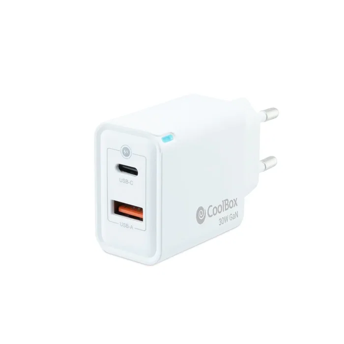 CoolBox COO-CUP-30CA Cargador GaN Dual USB-C (PD) 30W y USB-A (Quick Charge 3.0) para Pared/Viaje, Compacto, Blanco