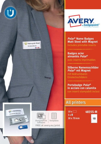 Caja 10 Portanombres Polar Badge En Acero con Imán–30 X 65 Mm Avery 4835S-M