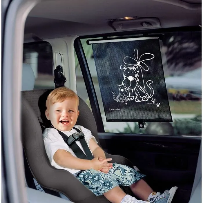 Dreambaby DRE9312742402389 Estor Enrollable para Ventana de Coche Doble Cara Estampado Cebra y Tigre Ajustable 2 Unidades