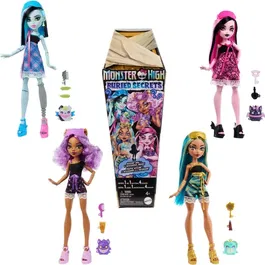 Monster High Muñeca Asst Secretos Ocultos Set de Juego con 2 Accesorios y 1 Animal, Escondido en un Sarcófago para Niños de 3 a 10 Años