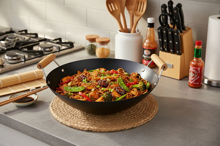 Inde Sartén Wok con 2 Asas de Madera, 35 cm (6 Unidades)