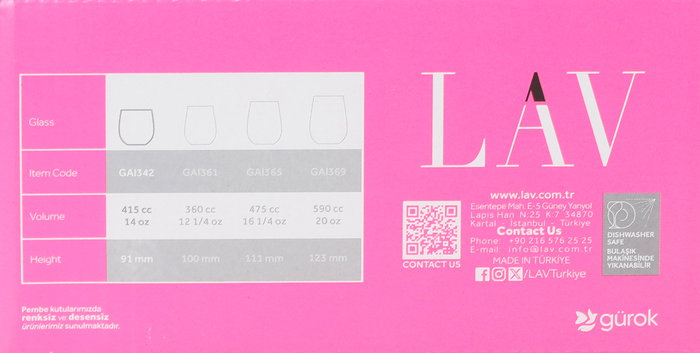 LAV Set 6 Vasos Gaia 415 cc, Diámetro 7.5 cm, Altura 9.2 cm (8 Cajas)