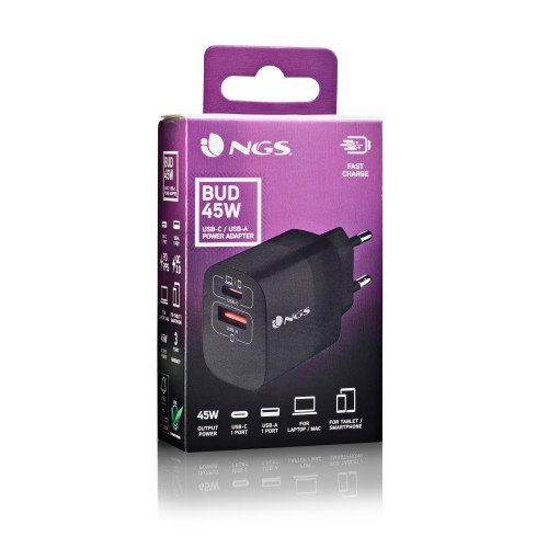 NGS BUD45W Cargador de Pared GaN 45W con USB-C y USB-A, Negro