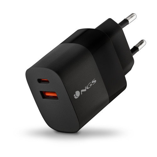 NGS BUD45W Cargador de Pared GaN 45W con USB-C y USB-A, Negro