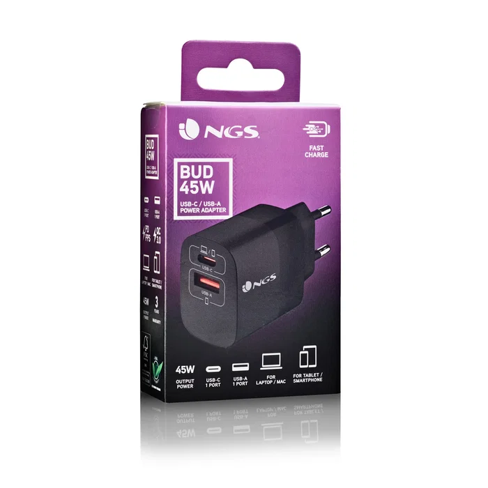 NGS Cargador de Pared GaN 45W Negro, 2 Puertos (USB-C PD/PPS + USB-A QC 3.0), Carga Rápida Universal para Smartphone, Tablet y Portátil, Compacto