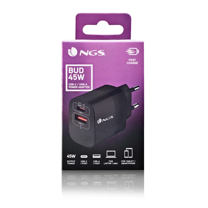 NGS Cargador de Pared GaN 45W Negro, 2 Puertos (USB-C PD/PPS + USB-A QC 3.0), Carga Rápida Universal para Smartphone, Tablet y Portátil, Compacto