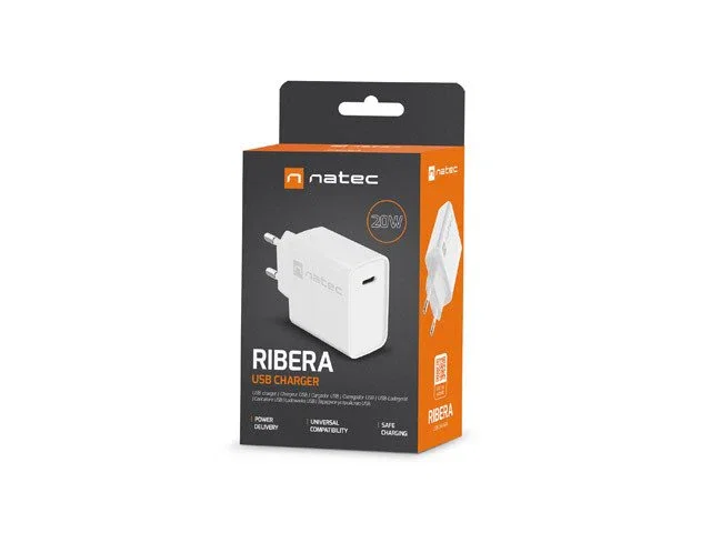 Natec RIBERA Cargador USB-C 20W PD con Quick Charge 3.0 Carga Rápida Universal Interruptor para Interior Color Blanco