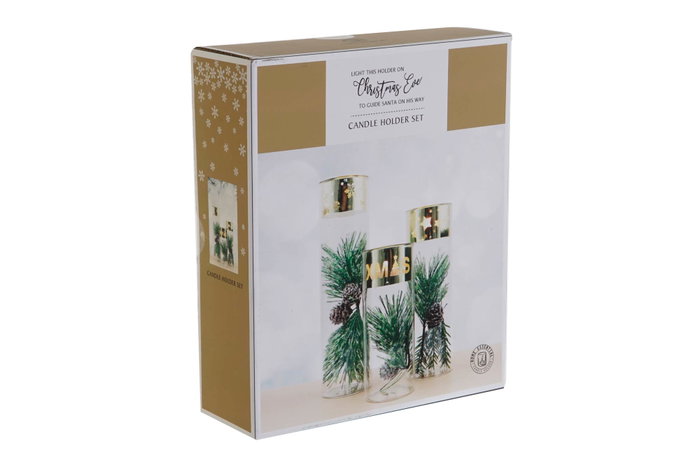 DKD Home Decor Set de 3 Portavelas de Cristal y Metal Dorado con Diseño de Pino DKD Home Decor Set de 3 Portavelas de Cristal y Metal Dorado con Diseño de Pino