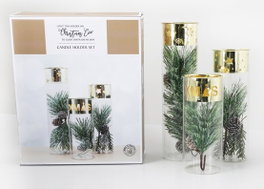 DKD Home Decor Set de 3 Portavelas de Cristal y Metal Dorado con Diseño de Pino