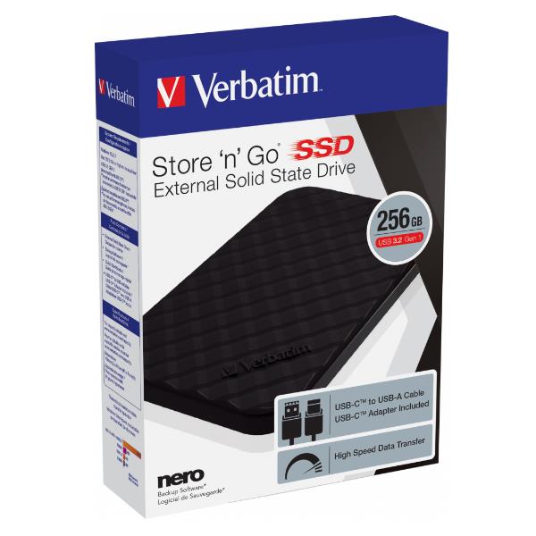 Verbatim Store 'n' Go - Disco Duro Externo SSD 256 GB USB 3.2 Gen 1 Tipo C, Negro