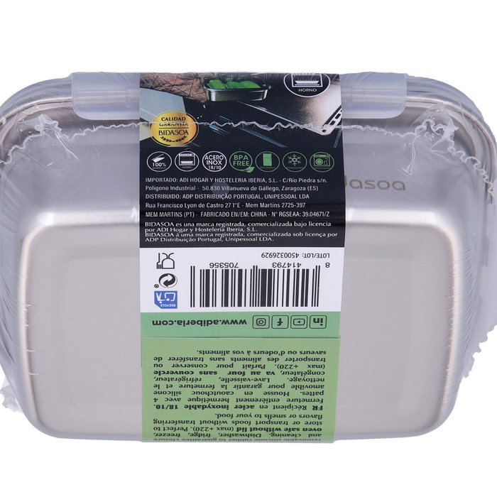 Recipiente Rectang Hermético Acero Inox Theo Bidasoa 19,5x14,5x8 cm - 85 cL (24 Unidades)