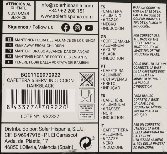Quttin Cafetera 6 Servicios Inducción Darkblack 9.6 x 17.9 x 18.3 cm (6 Unidades)